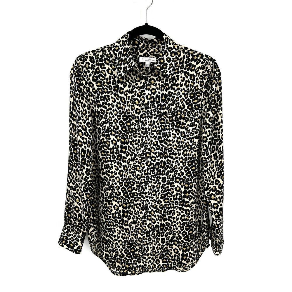 EQUIPMENT Women's Reese Animal Leopard Print Cream Black Button Down Blouse XS
